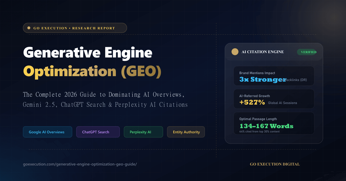Generative Engine Optimization GEO Blueprint 2026 showing Google AI Overviews ChatGPT Search and Perplexity citation architecture